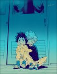  2boys aged_down ankle_boots artist_name bakugou_katsuki boku_no_hero_academia boots bright_pupils child clenched_teeth commentary_request covered_mouth covering_another&#039;s_mouth cross-laced_footwear door dorsiflexion dot_nose film_grain freckles furrowed_brow hand_on_glass hand_over_another&#039;s_mouth hands_up horror_(theme) indoors knees_apart_feet_together knees_up limited_palette liquid midoriya_izuku mkm_(mkm_storage) monster multiple_boys own_hands_together partial_commentary raised_eyebrows sanpaku scared scowl shadow shirt shoe_soles shoes short_hair short_sleeves shorts side-by-side silhouette sitting sliding_doors sneakers spiky_hair sweatdrop t-shirt tearing_up tears teeth tile_floor tiles v-shaped_eyebrows 