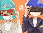  1boy 1girl :q aqua_hair aqua_headwear beanie closed_mouth commentary_request controller covered_eyes hat headphones highres holding holding_controller holding_remote_control inkling inkling_boy inkling_girl inkling_player_character orange_background print_headwear remote_control sailor_collar sailor_shirt shirt short_hair simple_background smile splatoon_(series) splatoon_3 tentacle_hair tonbofree tongue tongue_out white_shirt 