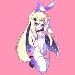  1girl amanogawa_shiina blonde_hair cross_(vgne4542) high_heels highres long_hair phase_connect playboy_bunny ribbon simple_background smile solo violet_eyes 