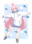  1girl absurdres ahoge black_footwear blue_archive blue_eyes blush fang full_body halo highres hood hood_down hoodie hoshino_(blue_archive) long_hair long_sleeves looking_at_viewer mugisepa open_mouth pink_hair pink_halo shoes smile socks solo white_hoodie white_socks yellow_eyes 