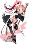  1girl :&lt; apron black_dress black_footwear black_thighhighs blue_eyes blunt_bangs blush broom commentary_request dress feather_trim felicia_(fire_emblem) fire_emblem fire_emblem_fates floating_hair full_body high_heels highres holding holding_broom juliet_sleeves kurimori long_hair long_sleeves looking_at_viewer maid maid_headdress pink_hair ponytail puffy_sleeves shoes sidelocks simple_background solo standing standing_on_one_leg straight_hair tearing_up thigh-highs waist_apron white_apron 