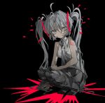  1girl bare_arms bare_shoulders black_background blue_necktie closed_mouth commentary expressionless full_body grey_eyes grey_hair hair_between_eyes hair_ornament hatsune_miku hen10 long_hair looking_at_viewer necktie number_tattoo shirt shoulder_tattoo sidelocks simple_background sleeveless sleeveless_shirt solo squatting tattoo twintails very_long_hair vocaloid white_shirt 