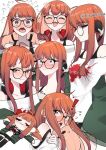  1girl :3 behind-the-head_headphones black-framed_eyewear black_tank_top blush coat expressions fur-trimmed_jacket fur_trim glasses green_coat green_jacket headphones jacket mozuku_3 off-shoulder_shirt off_shoulder orange_hair persona persona_5 sakura_futaba shirt solo tank_top 