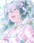  1girl aqua_eyes aqua_hair bare_shoulders blush breasts dress flower hair_flower hair_ornament hatsune_miku long_hair looking_to_the_side open_mouth small_breasts smile solo twintails upper_body vocaloid white_dress yur1ca 