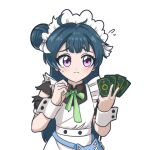  1girl alternate_costume apron blue_hair card closed_mouth crying crying_with_eyes_open cuff_links genjitsu_no_yohane green_ribbon hair_bun highres holding holding_card krakelak long_hair love_live! love_live!_sunshine!! maid_apron maid_headdress ribbon scene_reference single_hair_bun single_side_bun solo tears tsushima_yoshiko violet_eyes white_background 