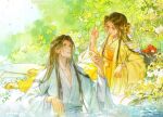  1boy 1girl black_hair blue_robe blue_sleeves bowl brown_eyes character_request chinese_clothes chinese_commentary collarbone commentary_request copyright_request day double_bun dress eyelashes flower food forehead_jewel fruit fruit_request full_body hair_bun hair_flower hair_ornament hair_ribbon hand_up hanfu highres holding holding_food holding_fruit layered_sleeves lipstick long_dress long_hair long_sleeves looking_at_another makeup open_clothes open_robe orange_dress orange_flower orange_ribbon outdoors parted_lips partially_submerged pectoral_cleavage pectorals pink_lips pointing pointing_at_self pool ribbon robe shoes sitting sky smile straight_hair teeth tree upper_body very_long_hair water_drop white_sky white_sleeves wide_sleeves yellow_footwear yellow_robe yellow_sleeves zhehua_huan_jiu 