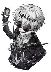  1boy bat_wings black_crown colored_skin crown formal gift halloween hand_on_own_chest highres holding holding_gift jack_skellington jacket kinakotwst long_sleeves male_focus pinstripe_pattern pinstripe_suit short_hair skeleton skeleton_print smile smirk solo stitches striped_clothes striped_jacket suit the_nightmare_before_christmas twisted_wonderland twitter_username upper_body white_background white_hair white_skin wings 