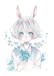  1girl :| animal_ears blue_eyes blue_flower blush bright_pupils closed_mouth collared_shirt cropped_torso crystal flower highres holding holding_crystal looking_at_viewer original painting_(medium) rabbit_ears shirt short_hair signature simple_background solo straight-on traditional_media umi_cryblue upper_body watercolor_(medium) white_background white_hair white_pupils white_shirt 