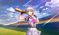  1girl asahina_iroha baseball_bat baseball_stadium baseball_uniform belt belt_buckle black_belt black_gloves black_undershirt blurry bow buckle cinderella_series clouds cloudy_sky depth_of_field fingerless_gloves floating_hair game_cg gloves hachigatsu_no_cinderella_nine hair_bow hair_ornament hairclip highres holding holding_baseball_bat light_rays looking_up metal_baseball_bat neckerchief non-web_source official_art on_grass open_mouth outdoors pink_neckerchief pleated_skirt red_bow shirt shirt_under_shirt short_hair short_sleeves skirt sky sportswear standing striped_belt striped_clothes striped_shirt sunbeam sunlight vertical-striped_clothes vertical-striped_shirt white_hair wristband yellow_eyes 