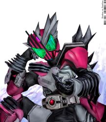  1boy absurdres armor black_bodysuit bodysuit decadriver green_eyes highres kamen_rider kamen_rider_dcd kamen_rider_decade kamen_rider_zero-one male_focus obakelope0530 pink_armor power_armor upper_body 