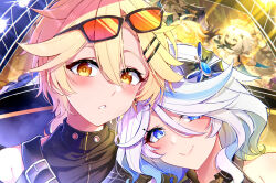  1boy 1girl :o aether_(genshin_impact) alternate_costume black_ribbon blonde_hair blue_eyes blue_hair blush braid closed_mouth commentary eyewear_on_head furina_(genshin_impact) genshin_impact hair_between_eyes hair_ribbon highres long_hair looking_at_viewer midori_(user_nsaz3272) multicolored_hair neuvillette_(genshin_impact) paimon_(genshin_impact) ribbon short_hair smile two-tone_hair white_hair 