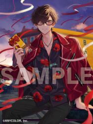  1boy ameno_(ameno_f) black-framed_eyewear black_hair black_pants black_shirt building clouds collarbone copyright_name ear_piercing floral_print_shirt gift glasses highres holding holding_gift jacket jewelry leather leather_jacket looking_at_viewer male_focus necklace night night_sky nijisanji official_art pants piercing red_eyes red_jacket sample_watermark shirt sky solo streamers teeth tinted_eyewear virtual_youtuber watermark yumeoi_kakeru_(6th_costume) 