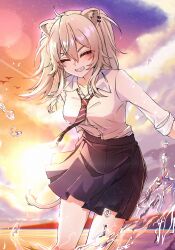  1girl animal_ears blonde_hair closed_eyes hana_s highres hololive lion_ears lion_girl necktie ocean shirt shishiro_botan skirt smile splashing sunset virtual_youtuber water white_shirt 