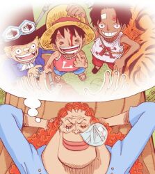 >_< 1girl blood curly_dadan happy monkey_d._luffy monkey_d_luffy multiple_boys one_piece pointing_at_self portgas_d._ace portgas_d_ace sabo_(one_piece) tearing_up