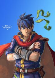  1boy absurdres artist_name belt blue_background blue_eyes blue_hair brown_belt cape commentary crossed_arms english_commentary fingerless_gloves fire_emblem fire_emblem:_path_of_radiance gloves green_headband headband highres ike_(fire_emblem) male_focus nicotopin red_cape short_hair sleeve_rolled_up smile solo super_smash_bros. torn_sleeve two-sided_cape two-sided_fabric 