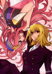  2girls black_gloves black_kimono blonde_hair blue_eyes brown_eyes cagalli_yula_athha closed_mouth dress gloves gundam gundam_seed hair_between_eyes highres huxoran77 japanese_clothes kimono lacus_clyne long_hair looking_at_another medium_hair multiple_girls pink_hair profile purple_dress sleeveless sleeveless_kimono smile straight_hair very_long_hair 