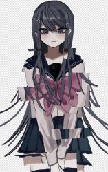  1girl black_hair black_skirt blue_eyes blush bow bowtie cowboy_shot danganronpa:_trigger_happy_havoc danganronpa_(series) glitch hair_ornament hairclip long_hair long_sleeves maizono_sayaka miniskirt mo_ni_yomonyo_saibansho pink_bow pink_bowtie pleated_skirt school_uniform simple_background skirt smile solo white_background zettai_ryouiki 