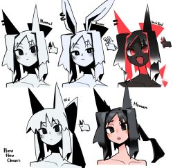  1girl :&lt; :d adpx alternate_color alternate_skin_color animal_ear_piercing animal_ears black_eyes black_hair black_skin blush colored_inner_hair colored_skin creature_and_personification cropped_shoulders fangs gradient_hair hair_intakes heuheu-chan highres kemonomimi_mode long_hair multicolored_hair original parted_bangs personification ponytail rabbit_ears red_eyes redhead smile translation_request variations white_hair white_skin 