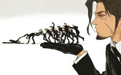  4girls 6+boys bald beard before_crisis_final_fantasy_vii bindi black_footwear black_gloves black_necktie black_pants black_suit blonde_hair breasts brown_hair cissnei closed_eyes collared_shirt facial_hair facial_mark final_fantasy final_fantasy_vii furrowed_brow glasses gloves goggles goggles_on_head gun_(female) hand_up highres in_palm jacket long_hair martial_arts_(female) martial_arts_(male) medium_breasts multiple_boys multiple_girls necktie open_mouth outstretched_arms pants ponytail puckered_lips quxiaochong reno_(ff7) rod_(male) rude_(ff7) scar scar_on_cheek scar_on_face shirt short_hair shotgun_(female) sideburns suit suit_jacket sunglasses tseng two_guns_(male) white_background white_shirt 