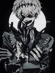 1boy ake_karashi black_crown crown formal halloween hand_over_face highres jack_skellington jacket long_sleeves male_focus orange_eyes pinstripe_pattern round_eyewear short_hair skeleton_print smile smirk solo stitched_mouth stitches striped_clothes striped_jacket suit the_nightmare_before_christmas twisted_wonderland 