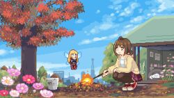  1girl :d :o animal animated animated_gif autumn_leaves black_thighhighs blonde_hair blue_sky brown_eyes brown_hair bucket bug cat closed_eyes converse day dragonfly eating fairy fairy_wings fire flower food holding holding_food holding_stick hood hooded_jacket jacket low_twintails original outdoors oyuzaki_(ayuzaki) pink_flower pixel_art purple_skirt red_footwear roasted_sweet_potato shoes short_twintails skirt sky smile squatting stick sweet_potato thigh-highs tree twintails wings 