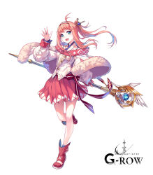  1girl :d aged_up ahoge blue_eyes commentary_request dare_ga_tame_no_alchemist fang full_body green_eyes hair_ornament hand_up highres holding holding_staff jacket jewelry lisbeth_finn_lustburg long_hair looking_at_viewer off-shoulder_jacket off_shoulder official_art pink_hair pleated_skirt ponytail red_footwear red_skirt ring rinzo second-party_source sidelocks simple_background skin_fang skirt smile solo staff standing standing_on_one_leg white_background white_jacket 