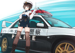  1girl armband black_footwear black_skirt blue_eyes blue_shirt boots brown_hair car cropped_jacket cuffs gloves hand_on_own_hip handcuffs highres hololive jacket looking_at_viewer motor_vehicle official_alternate_costume oozora_subaru oozora_subaru_(8th_costume) police_car red_armband shirt short_hair simana skirt solo suspender_skirt suspenders virtual_youtuber white_gloves white_jacket 