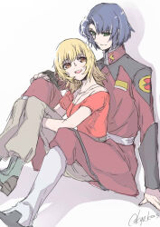  1boy 1girl :d athrun_zala blonde_hair blue_hair brown_eyes brown_pants cagalli_yula_athha closed_mouth collarbone couple eye_contact green_eyes gundam gundam_seed height_difference hetero highres hugging_own_legs huxoran77 jacket long_hair long_sleeves looking_at_another military_uniform open_mouth pants red_jacket red_shirt shirt short_hair short_sleeves signature sitting sketch smile straight_hair t-shirt white_background 