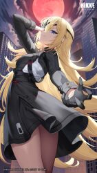  1girl black_dress black_gloves blonde_hair blue_eyes chuunibyou city dress extrinsic_(nikke) eyepatch gloves goddess_of_victory:_nikke guillotine_(nikke) half_gloves hand_over_eye highres long_hair long_sleeves looking_at_viewer looking_down military_uniform moon official_art red_moon ress solo spread_fingers wavy_hair 