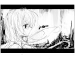  1girl bags_under_eyes empty_eyes expressionless floating_hair foreshortening greyscale highres long_hair monochrome noroi_(rnatataki) original portrait profile solo very_long_hair 