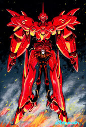  1boy acrylic_paint_(medium) bodysuit commentary_request crossed_arms fire floating floating_hair full_body id_(xenogears) long_hair mecha painting_(medium) redhead robot solo sonomoto_shinzou_(natsume_kyouji) traditional_media weltall-id xenogears 