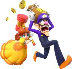  1boy 1girl black_overalls blue_eyes brown_footwear brown_hair coin crown dress earrings facial_hair fleeing flower_earrings gloves gold_coin hammer hat highres holding holding_hammer holding_sack jewelry long_hair mario_party mustache official_art open_mouth orange_dress overalls princess_daisy puffy_short_sleeves puffy_sleeves purple_hat purple_shirt running sack shirt short_sleeves smile super_mario_bros. super_mario_party_jamboree third-party_source waluigi white_gloves 