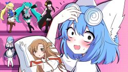  1girl ;d animal_ear_fluff animal_ears asuna_(sao) blue_hair coke-bottle_glasses crazy_eyes dakimakura_(object) dot_nose english_commentary fairy_tail figure glasses hatsune_miku highres indie_virtual_youtuber lucy_heartfilia nervous nervous_sweating one_eye_closed otaku otaku_room pale_skin pillow pink_background polka_dot polka_dot_background re:zero_kara_hajimeru_isekai_seikatsu rem_(re:zero) sailor_collar smile spy_x_family sweat sword_art_online virtual_youtuber vocaloid wolf_ears wolf_girl wolfychu wolfychu_(artist) yor_briar 