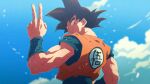  1boy black_eyes black_hair blue_shirt blue_sky clouds dougi dragon_ball dragon_ball_z emblem from_behind looking_at_viewer looking_back nika_dudi orange_shirt shirt short_sleeves sky sleeveless sleeveless_shirt solo son_goku spiky_hair upper_body v 