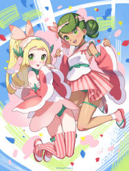  alternate_hairstyle apron blonde_hair blush bow braid breasts cosplay dark-skinned_female dark_skin dress gloves green_eyes green_hair hair_ornament highres kinocopro lillie_(pokemon) long_hair long_sleeves looking_at_viewer lurantis lurantis_(cosplay) mallow_(pokemon) multiple_girls open_mouth pink_bow pink_footwear pokemon pokemon_sm ponytail shirt skirt smile swept_bangs thigh-highs 