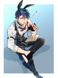  1boy animal_ears blue_background blue_eyes blue_hair border choker commission eiyuu_densetsu fake_animal_ears food gradient_background hair_between_eyes hair_slicked_back heart highres holding holding_food ice_cream_crepe kai_no_kiseki kuro_no_kiseki_(series) loafers looking_at_viewer male_focus male_playboy_bunny mikamikiseki multicolored_hair parted_bangs rabbit_ears shadow shoes short_hair simple_background sitting solo two-tone_hair van_arkride white_border 