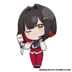  1girl black_hair bob_cut card chibi colored_inner_hair goddess_of_victory:_nikke highres holding holding_card multicolored_hair official_art one_eye_closed red_eyes red_suit redhead rouge_(nikke) short_hair solo suit totatokeke 