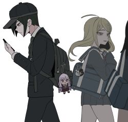  1boy 1girl aegyo_sal ahoge akamatsu_kaede backpack bag black_bag black_hair black_hat black_jacket black_pants danganronpa_(series) danganronpa_v3:_killing_harmony formal from_side ha_(user_efmy3542) hair_between_eyes hair_ornament hat highres holding holding_phone jacket kirigiri_kyoko long_hair looking_at_another monokuma musical_note musical_note_hair_ornament official_alternate_costume pants phone saihara_shuichi school_uniform short_hair shoulder_bag 