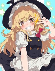  1girl apron black_hat black_skirt black_vest blonde_hair blue_background blush bow braid commentary_request cowboy_shot frilled_skirt frills grin hair_bow hat highres kirisame_marisa long_hair looking_at_viewer puffy_short_sleeves puffy_sleeves red_bow setsugetsuka436 shirt short_sleeves single_braid skirt smile solo sparkling_aura star_(symbol) touhou v-shaped_eyebrows vest w waist_apron white_apron white_background white_shirt witch_hat yellow_eyes 