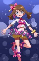  1girl :d baeming blue_eyes bow bracelet bright_pupils brown_hair closed_mouth earrings gradient_background hair_bow high_heels highres jewelry korean_commentary leg_up may_(pokemon) medium_hair miniskirt navel one_side_up pearl_earrings pink_bow pink_footwear pink_skirt pokemon pokemon_oras shoes shorts shorts_under_skirt skirt sleeves_past_elbows smile solo sparkle standing standing_on_one_leg sweat white_pupils yellow_shorts 