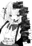  1girl absurdres blush bow bowtie collared_shirt empty_eyes greyscale highres jitome looking_at_viewer medium_hair monochrome noroi_(rnatataki) open_mouth original school_uniform shirt sidelocks simple_background solo translation_request upper_body white_background 