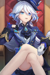  1girl asymmetrical_gloves black_gloves blue_eyes blue_gemstone blue_hat blue_jacket crossed_legs furina_(genshin_impact) gem genshin_impact gloves hair_between_eyes hat heterochromia highres jacket long_hair long_sleeves mismatched_gloves mismatched_pupils nooo open_mouth short_shorts shorts sitting solo thigh_strap white_gloves white_hair white_shorts 