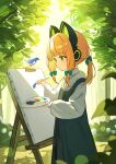  1girl animal animal_ear_headphones animal_ears bird black_dress blonde_hair blue_archive bow canvas_(object) dress fake_animal_ears green_bow green_eyes green_halo hair_bow halo headphones highres holding holding_paintbrush long_sleeves midori_(blue_archive) paintbrush pinafore_dress shirt short_hair sleeveless sleeveless_dress solo white_shirt zcx 