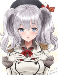  1girl beret blue_eyes blush breasts dated epaulettes frilled_sleeves frills gloves grey_hair hands_on_own_chest hat jacket kantai_collection kashima_(kancolle) kitagawa_mikio large_breasts long_hair long_sleeves looking_at_viewer military_jacket military_uniform neckerchief open_mouth red_neckerchief smile twintails twitter_username upper_body wavy_hair white_gloves 