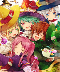  5boys albert_(puyopuyo) ascot blue_eyes blue_hat closed_eyes crescent crescent_hair_ornament dated facial_hair flame-tipped_tail ghost green_hair green_hat grey_hair hair_ornament hana_(mew) hat highres holding_crystal holding_vial hug light_particles long_hair long_sleeves looking_at_viewer male_focus matthew_(puyopuyo) miriam_(puyopuyo) multiple_boys mustache open_mouth pacifier pink_hair purple_hat puyopuyo puyopuyo_quest red_eyes richard_(puyopuyo) shirt smile sullivan_(puyopuyo) twitter_username wavy_mouth white_ascot white_shirt witch_hat yellow_hat 