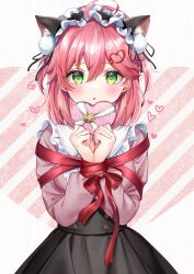  1girl ahoge animal_ears blush gakuon_(gakuto) green_eyes headband heart heart-shaped_pupils highres hololive pink_hair sakura_miko solo symbol-shaped_pupils virtual_youtuber 