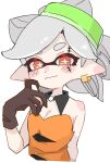  1girl bare_shoulders black_collar black_gloves blush_stickers bow-shaped_hair closed_mouth collar commentary_request detached_collar dot_nose dress earrings facepaint gloves grey_hair halloween_costume hand_up highres inkling jewelry light_smile marie_(splatoon) official_alternate_costume orange_dress orange_eyes short_hair sif_ly solo splatoon_(series) splatoon_3 star-shaped_pupils star_(symbol) strapless strapless_dress symbol-shaped_pupils upper_body white_background 