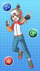  1boy ahoge arms_up beanie belt belt_buckle blue_background blue_pants bracer brass_knuckles brown_hair buckle clenched_hand commentary commission earflap_beanie fingerless_gloves fire_orb_(p&amp;d) full_body gloves gradient_background green_belt grid_background hair_between_eyes hat hat_ornament highres kato-shun leg_up lightning_ahoge multicolored_clothes multicolored_footwear open_mouth orange_eyes orange_shirt orange_sleeves orb outstretched_hand pants pixiv_commission puzzle_&amp;_dragons puzzle_&amp;_dragons_z reaching reaching_towards_viewer red_footwear red_hat red_sweater shirt shirt_under_sweater shoes short-sleeved_sweater short_sleeves smile sweater two-tone_sweater water_orb_(p&amp;d) weapon white_sweater wood_orb_(p&amp;d) z_(p&amp;d) zipper 