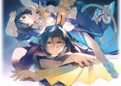  1boy 1girl ainu_clothes amazuyu_tatsuki animal_ears baggy_clothes black_hair blue_dress blue_skirt bow breasts brown_eyes brown_hair clothing_cutout dagger dress haku_(utawarerumono) hand_fan highres holding holding_dagger holding_fan holding_knife holding_weapon japanese_clothes knife kuon_(utawarerumono) long_hair looking_at_viewer low-tied_long_hair medium_breasts obi official_art open_mouth ponytail sash side_slit skirt tail utawarerumono utawarerumono:_itsuwari_no_kamen very_long_hair weapon yellow_bow yellow_eyes 