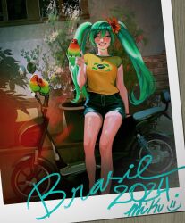  1girl bird bird_request black_shorts brazilian_flag_print brazilian_miku character_signature cross cross_necklace dated fake_photograph feet_out_of_frame flower green_hair hair_flower hair_ornament hatsune_miku highres jewelry leaf long_hair looking_at_viewer motor_vehicle motorcycle natysa necklace parted_lips photo_(object) plant print_shirt red_flower shirt shorts smile smiley_face solo very_long_hair vocaloid yellow_shirt 